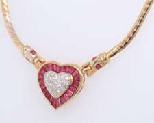 Majestic Yellow Gold Ruby and Diamond Heart Shaped Pendant Necklace