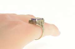 14K White Gold Art Deco Amethyst Ornate Filigree Statement Ring