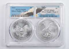 MS69 2021 American Silver Eagle Type 1 & 2 PCGS