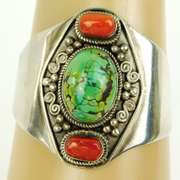 Wide Navajo Sterling Turquoise & Coral Cuff