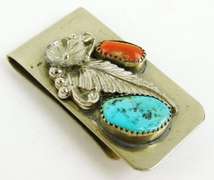 Native American Indian Turquoise & Coral Silver Money Clip
