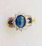 21kt Solid Yellow Gold, Blue Sapphire, & Diamond Ring