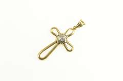14K Yellow Gold 0.16 Ct Diamond Solitaire Cross Christian Pendant