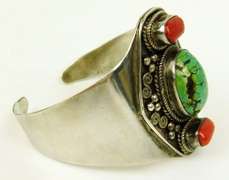 Wide Navajo Sterling Turquoise & Coral Cuff