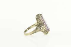 14K White Gold Art Deco Amethyst Ornate Filigree Statement Ring