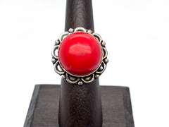 Circular Red Coral in Tibetan Silver Energy Ring