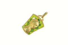 18K Yellow Gold Virgin Mother Mary Green Stain Glass Christian Pendant