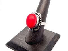 Ovular Red Coral in Tibetan Silver Energy Ring