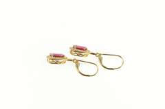 10K Yellow Gold Oval Syn. Ruby Halo Dangle Ornate Statement Earrings