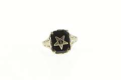14K White Gold Onyx Enamel Order of the Eastern Star Filigree Ring