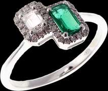 Twin Pair Emerald and Baguette Diamond Ring with 18k White Gold
