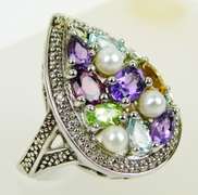 Sterling Multi-Gemstone & Pearls Ring, Size 7.25