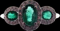 Beautiful Three-Stone Emerald 18k White Gold Ring edged with Sparkling Diamonds