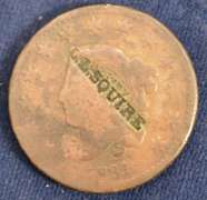 Lewis L. Squire Counter Stamped Hard Times Token, Circulated.
