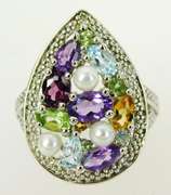 Sterling Multi-Gemstone & Pearls Ring, Size 7.25