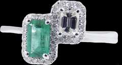 Twin Pair Emerald and Baguette Diamond Ring with 18k White Gold