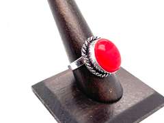 Ovular Red Coral in Tibetan Silver Rope Ring