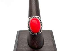 Ovular Red Coral in Tibetan Silver Energy Ring