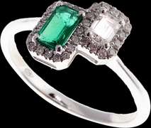 Twin Pair Emerald and Baguette Diamond Ring with 18k White Gold