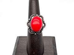 Ovular Red Coral in Tibetan Silver Energy Ring