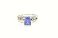 10K White Gold Emerald Cut Syn. Sapphire Diamond Accent Ring