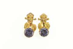 14K Yellow Gold Victorian Amethyst Leaf Dangle Clip Back Earrings
