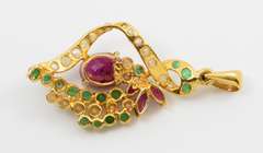 Feminine 22k Ruby, Emerald, 7 Pearl Pendant