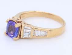 Handsome Yellow Gold Cushion Tanzanite and Baguette Diamond Ring
