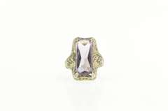 14K White Gold Art Deco Amethyst Ornate Filigree Statement Ring