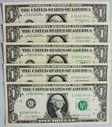 (5)  Superb Crisp 1969C $1 Star Replacement Notes Chicago-Consecutive!