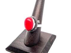 Ovular Red Coral in Tibetan Silver Double Rope Ring