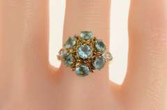 14K Yellow Gold Retro Blue Topaz Diamond Ornate Cocktail Ring