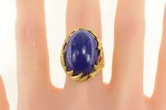 18K Yellow Gold Ornate Lapis Lazuli 1960's Leaf Floral Cocktail Ring