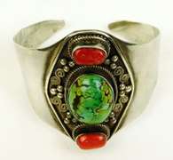 Wide Navajo Sterling Turquoise & Coral Cuff