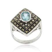 Sterling Silver Blue Topaz & Marcasite Diamond Shape Ring