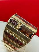 14K YELLOW GOLD WIDE BAND WITH GARNETS
