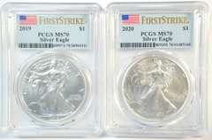 Flawless PCGS MS70 FS 2019 & 2020 $1 Silver Eagle coins