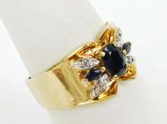 Vintage Wide 10K Blue Sapphires & Diamonds Ring, 8