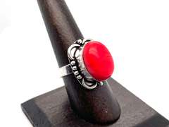Ovular Red Coral in Tibetan Silver Energy Ring