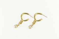 14K Yellow Gold Pearl Dangle Twist Puffy Statement Hoop Earrings
