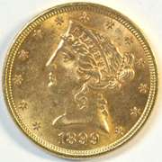 Real flashy BU 1899 US $5 Liberty Gold Piece. Full strike