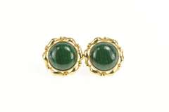 14K Yellow Gold Round Malachite Cabochon Ornate Retro Stud Earrings