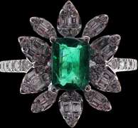 Intense Diamond Petaled Emerald Core 18k White Gold Ring