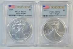 Flawless 2019 & 2022 $1 Silver Eagle First Strike. PCGS MS70
