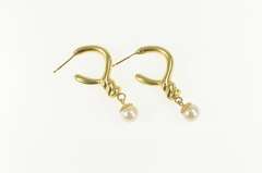 14K Yellow Gold Pearl Dangle Twist Puffy Statement Hoop Earrings