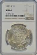 Blazing-white near Gem BU 1881-S Morgan Silver Dollar. NGC MS64