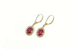10K Yellow Gold Oval Syn. Ruby Halo Dangle Ornate Statement Earrings