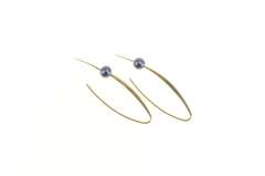 14K Yellow Gold Dark Blue Pearl Dropped Bar Dangle Hook Earrings
