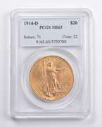 MS63 1914-D $20 Saint-Gaudens Gold Double Eagle PCGS