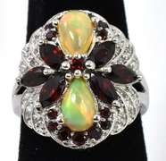 Sterling Silver Ring with Garnet and Opalescent Material